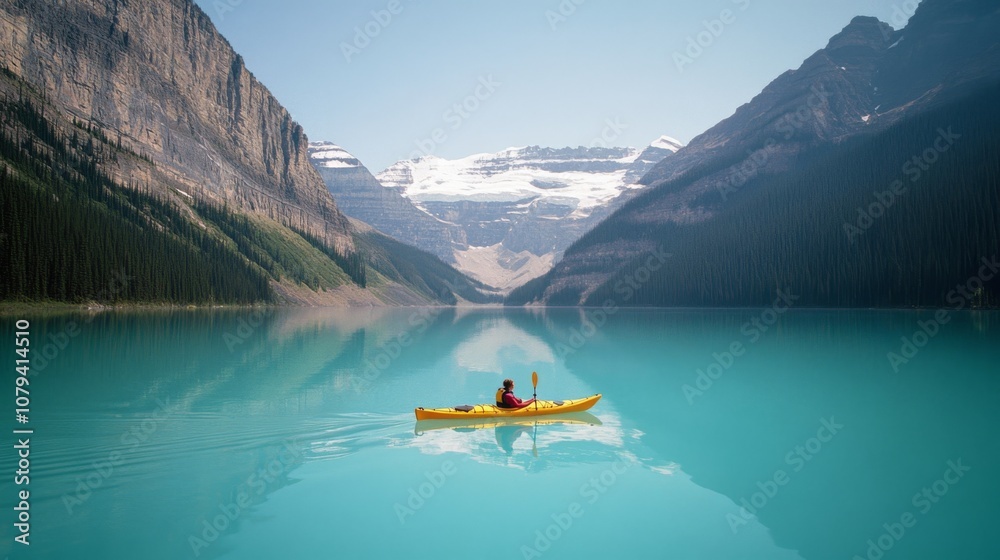 A lone kayaker paddles across the glassy, turquoise waters of a lake, framed by towering snow-capped mountains, amidst breathtaking serenity. A lone kayaker paddles across the glassy, turquoise waters of a lake, framed by towering snow-capped mountains, amidst breathtaking serenity.