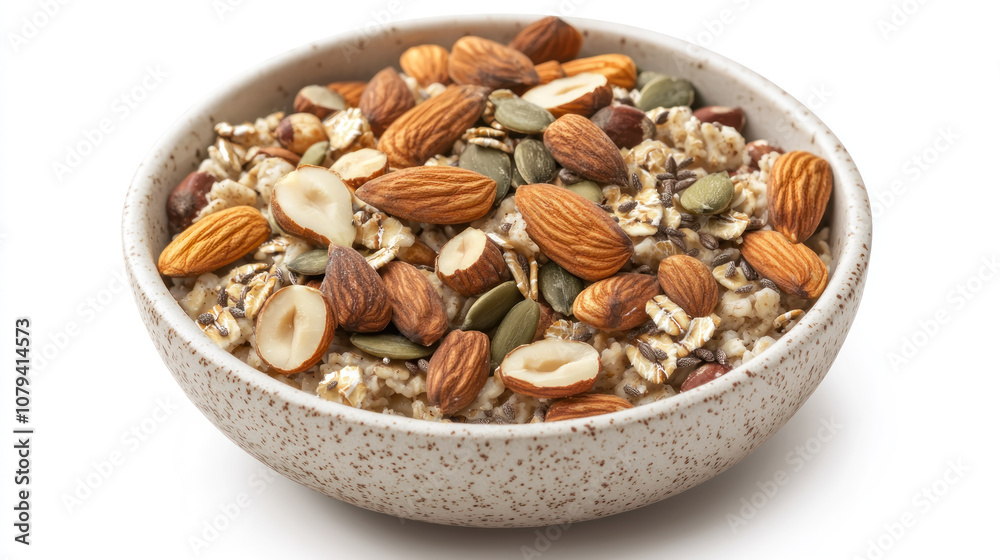 Healthy oatmeal bowl topped with nuts and seeds, perfect for breakfast. This nutritious meal combines oats, almonds, hazelnuts, and pumpkin seeds for wholesome start to day