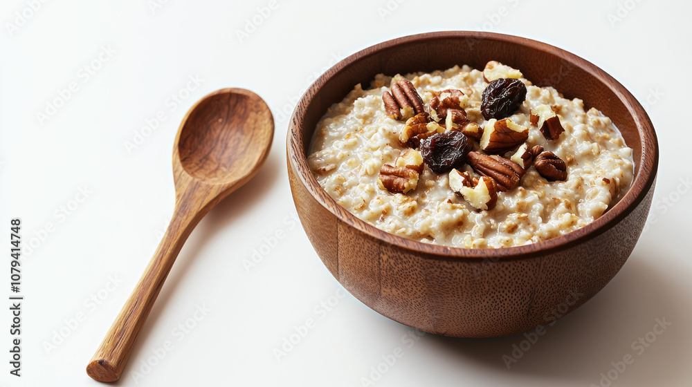 Creamy oatmeal topped with pecans and raisins in wooden bowl. Enjoy healthy breakfast! Creamy oatmeal topped with pecans and raisins in wooden bowl. Enjoy healthy breakfast!