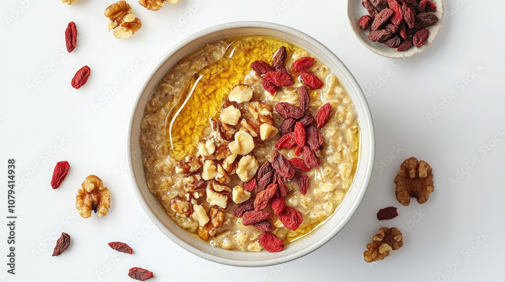 Warm oatmeal topped with walnuts and goji berries, drizzled with honey, creating nutritious and delicious breakfast option