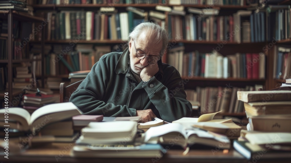 Elderly man asleep in cozy library surrounded by stacks of books Elderly man asleep in cozy library surrounded by stacks of books