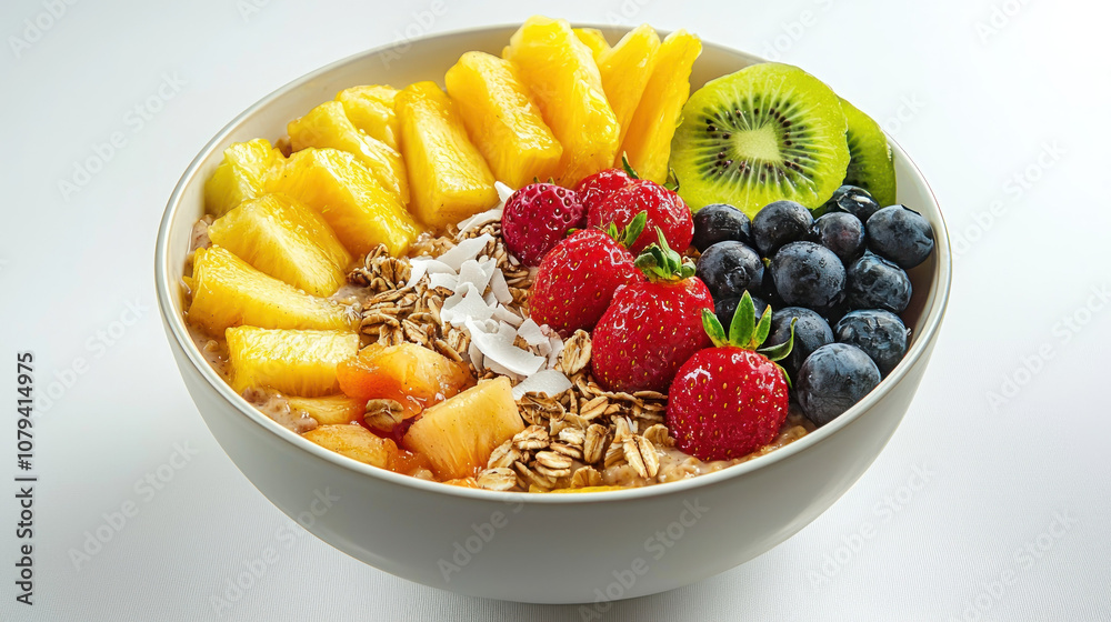 vibrant bowl of healthy breakfast featuring granola, fresh fruits like pineapple, strawberries, blueberries, kiwi, and coconut flakes, perfect for nutritious start to day vibrant bowl of healthy breakfast featuring granola, fresh fruits like pineapple, strawberries, blueberries, kiwi, and coconut flakes, perfect for nutritious start to day
