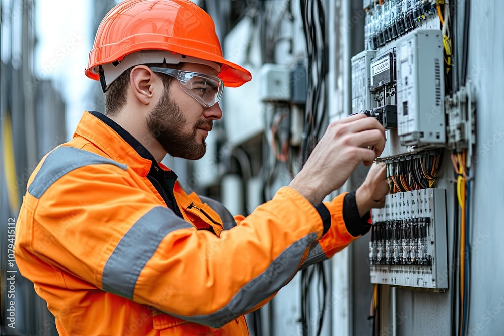 Electrician working on a panel. The image showcases a skilled electrician working on a complex electrical panel, highlighting their expertise and the importance of electrical maintenance. Electrician working on a panel. The image showcases a skilled electrician working on a complex electrical panel, highlighting their expertise and the importance of electrical maintenance.