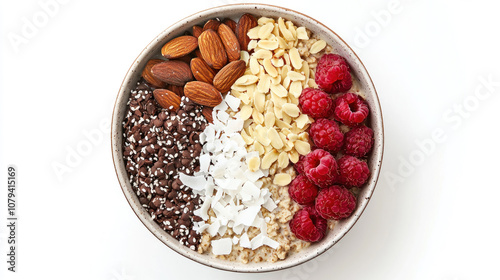 Delicious oatmeal bowl topped with almonds, raspberries, coconut, and chocolate. healthy and vibrant breakfast option for nutritious start to day