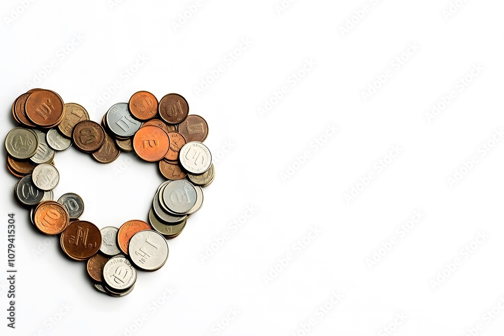 A simple heart symbol made of coins on a clean white background, perfect for giving campaigns, with copyspace. A simple heart symbol made of coins on a clean white background, perfect for giving campaigns, with copyspace.