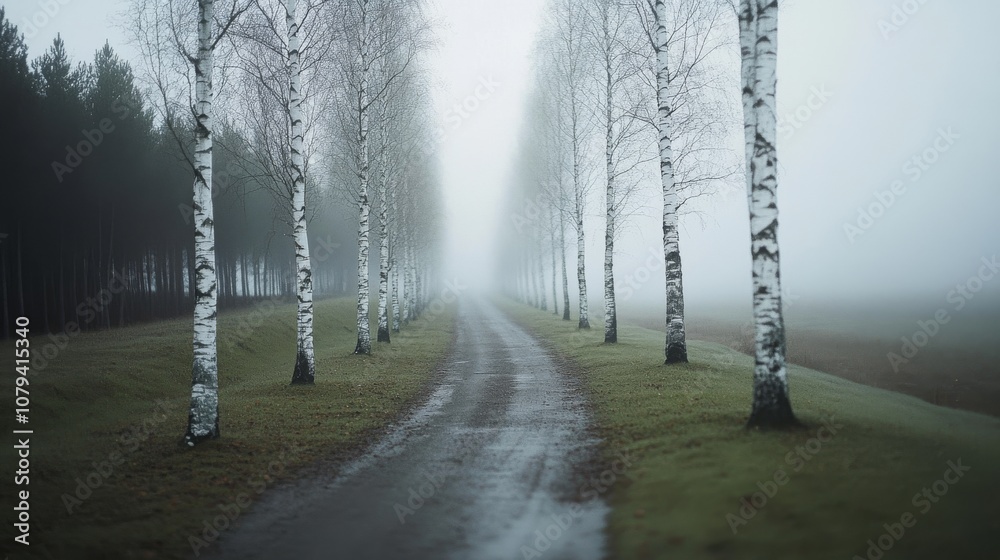 Obraz premium A serene, foggy avenue lined with bare birch trees stretches into the mysterious distance, evoking a sense of peace and endless possibilities.