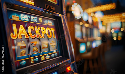 A slot machine lights up with a jackpot display while patrons enjoy the lively casino atmosphere