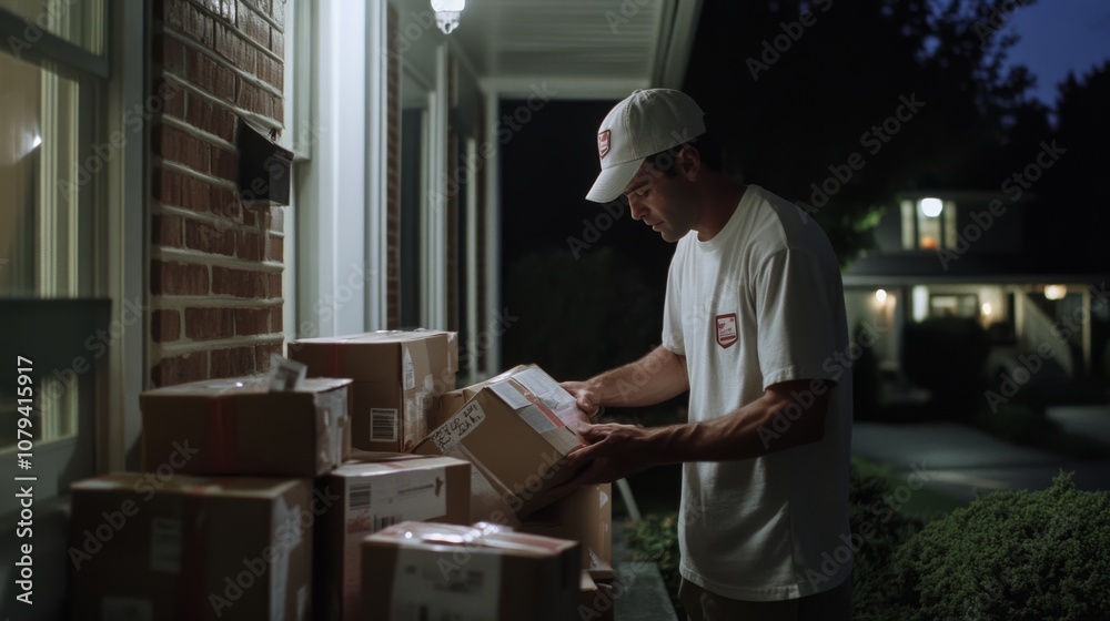 At night, a delivery worker carefully inspects packages on a porch, surrounded by the quiet ambiance of a suburban street.