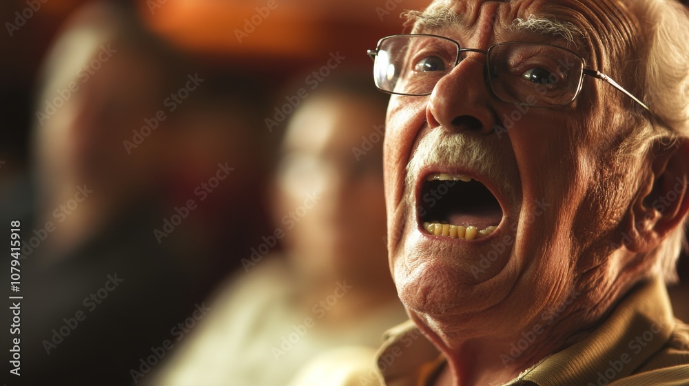 An elderly man shows a powerful expression of surprise or awe amidst a blurred crowd, capturing an intense moment of human emotion. An elderly man shows a powerful expression of surprise or awe amidst a blurred crowd, capturing an intense moment of human emotion.