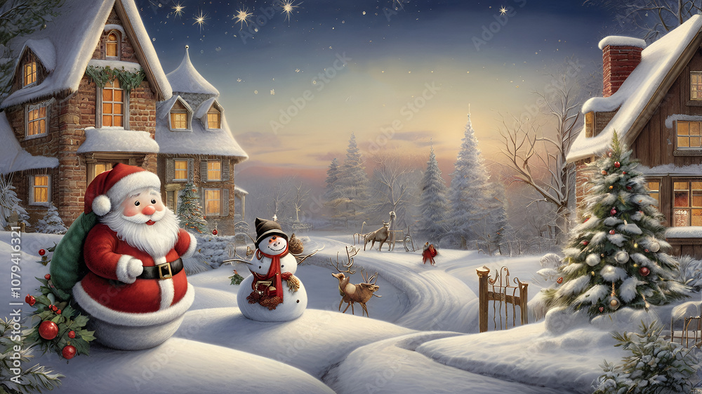 Obraz premium Merry Christmas wishes graphic design 2d and 3d illustration template. Merry Christmas images with snowmen and Santa Claus.