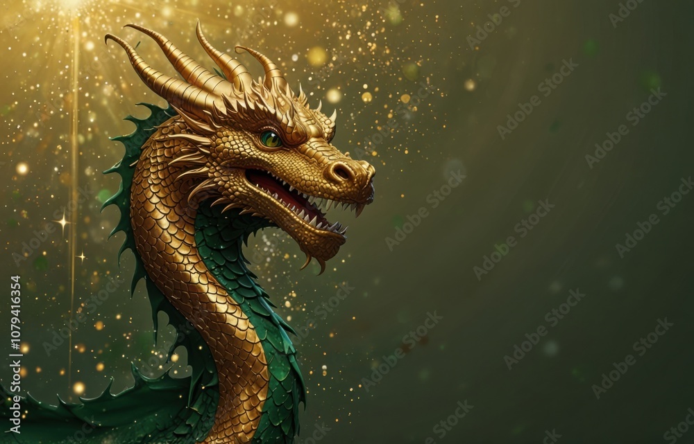Fototapeta premium Promotional monochrome emerald background with Christmas decorations and green oriental dragon. Concept of marketing banners for New Year, Christmas.