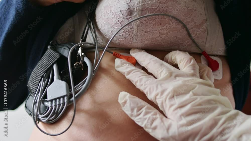 Doctor hand with medical glove checking woman heart exam machine with some cables Doctor hand with medical glove checking woman heart exam machine with some cables