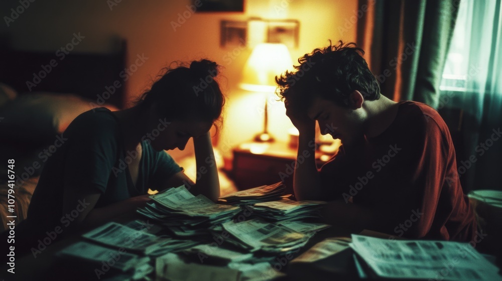A couple sits in a dimly lit room, surrounded by stacks of bills, portraying a scene of financial stress and worry. A couple sits in a dimly lit room, surrounded by stacks of bills, portraying a scene of financial stress and worry.