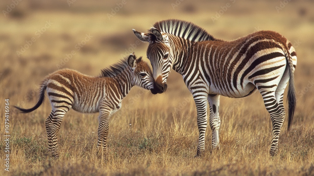 A zebra and its foal gently nuzzle each other in the golden savanna, symbolizing tender affection and family bonds in the wild. A zebra and its foal gently nuzzle each other in the golden savanna, symbolizing tender affection and family bonds in the wild.