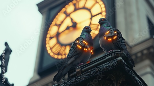 Two pigeons with futuristic lights adorn a classic clock tower, blending anachronistic elements with vibrant, technological flair. photo