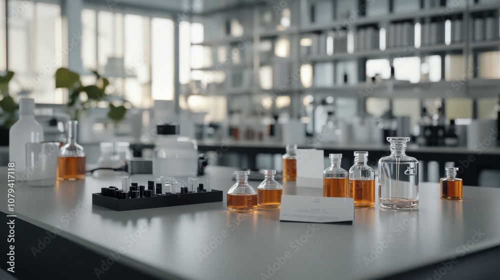 A laboratory workspace filled with various amber liquid samples, showcasing a setting of scientific inquiry and meticulous experimentation. A laboratory workspace filled with various amber liquid samples, showcasing a setting of scientific inquiry and meticulous experimentation.