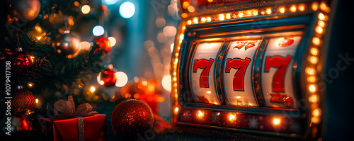 A slot machine displays colorful reels while surrounded by holiday cheer and twinkling lights photo