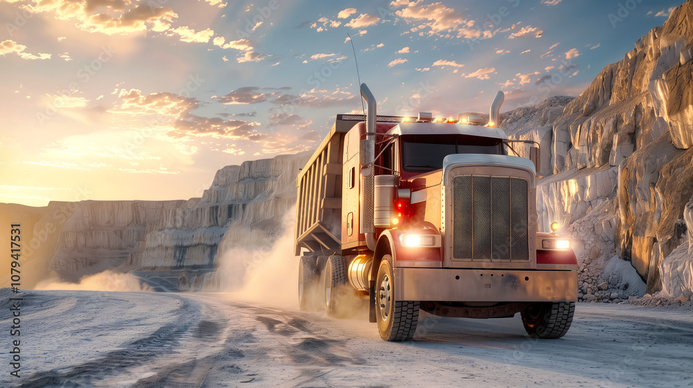 Truck on territory of stone quarry. Large industrial delivery truck. Stone quarry under sunny sky Truck on territory of stone quarry. Large industrial delivery truck. Stone quarry under sunny sky