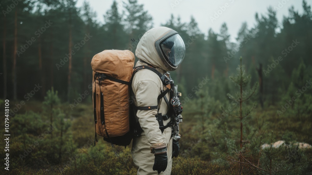 An adventurer in a space-like suit stands amidst a misty forest, merging human exploration with otherworldly intrigue and natural mystery. An adventurer in a space-like suit stands amidst a misty forest, merging human exploration with otherworldly intrigue and natural mystery.
