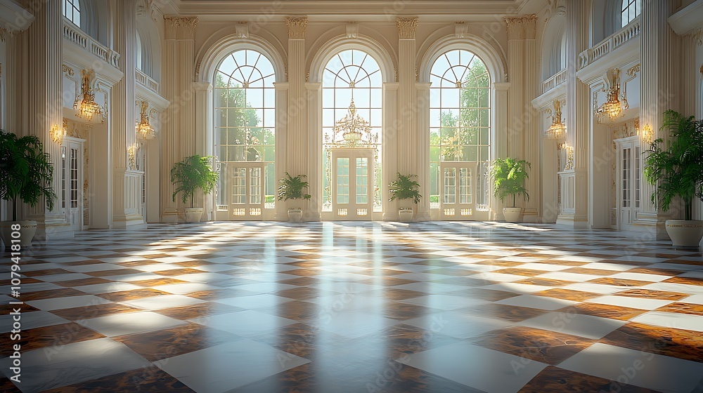Obraz premium Large, Luxurious, Sunlit Lobby with Checkerboard Floor in Classical Architecture