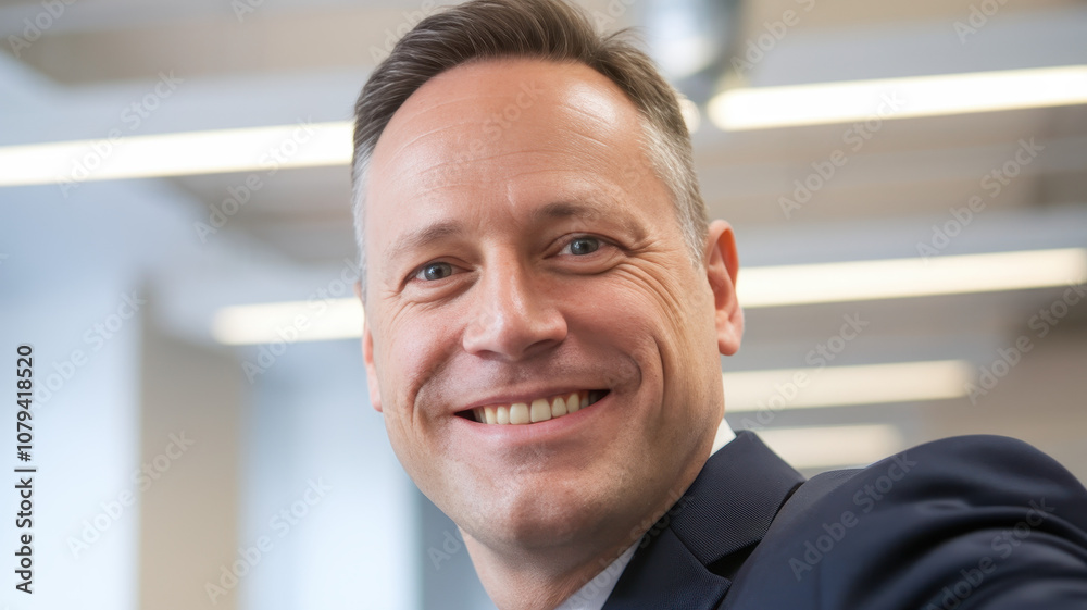 Smiling middle-aged Caucasian man in a business suit, exuding confidence and professionalism in a modern office setting. Smiling middle-aged Caucasian man in a business suit, exuding confidence and professionalism in a modern office setting.