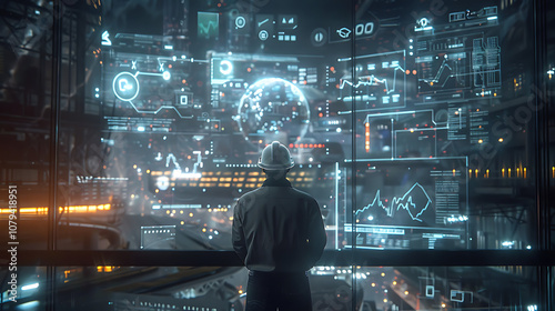 A lone worker in a futuristic control room, observing a wall of digital screens displaying data and graphs