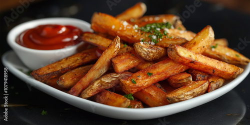 French fries with ketchup close-up in a restaurant