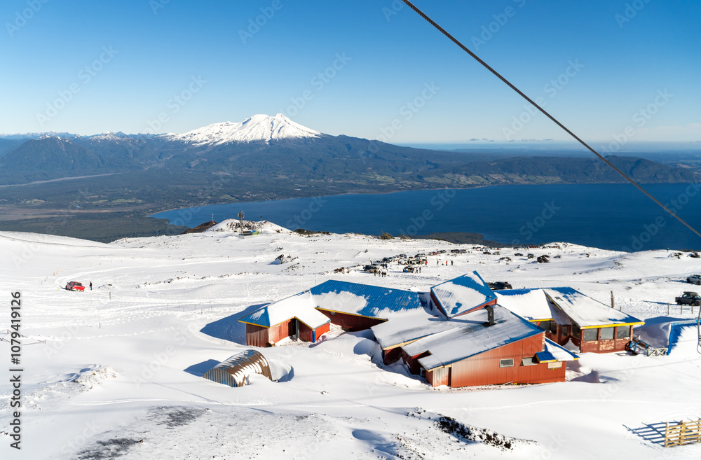 Ski Center Overlooking Lake and Volcano in Southern Chile