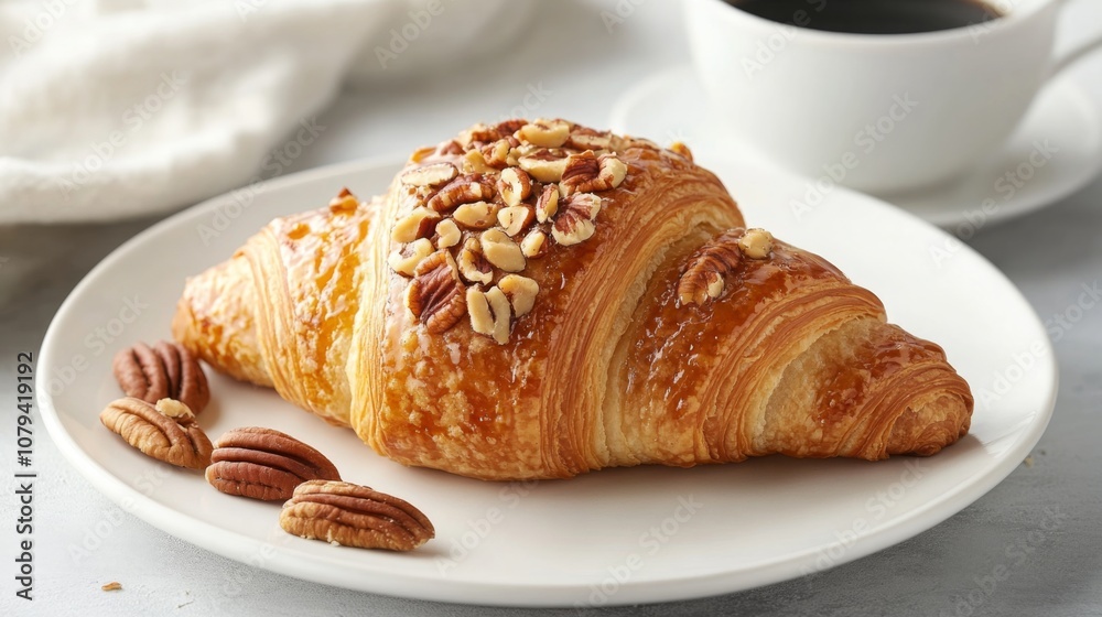 A perfectly golden croissant sits on a white plate, adorned with a mix of chopped nuts. A steaming cup of coffee rests nearby, creating a cozy morning atmosphere ideal for breakfast.