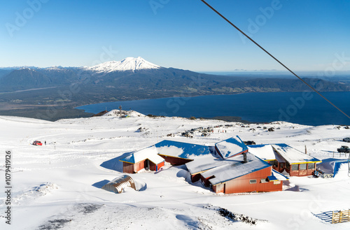 Obraz na płótnie Ski Center Overlooking Lake and Volcano in Southern Chile w salonie