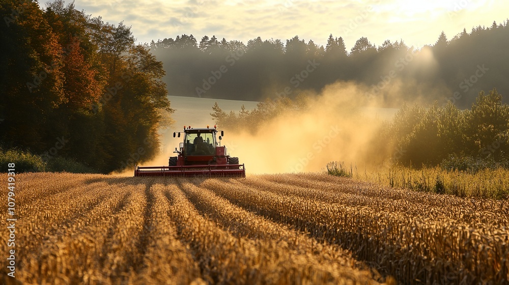 Fototapeta premium A tractor is driving through a field of wheat. The sun is setting, casting a warm glow over the scene