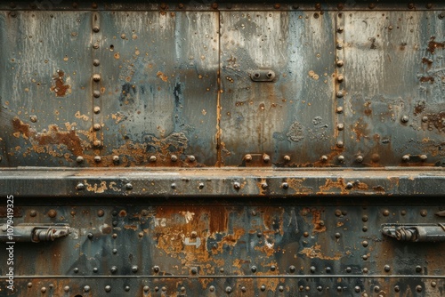 Photo of Side view of rust metal wall of railway wagon side part. Background texture for backdrops or mapping