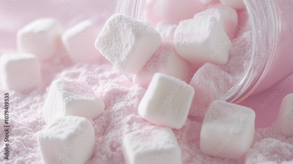 Soft, pink marshmallows spill gently from an open jar onto a fluffy, powdered surface, exuding sweetness and playfulness. Soft, pink marshmallows spill gently from an open jar onto a fluffy, powdered surface, exuding sweetness and playfulness.