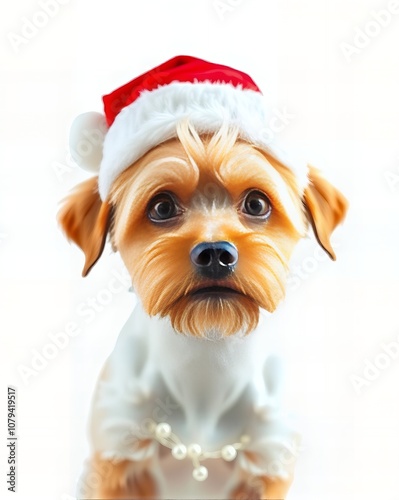 a photography of a dog wearing a santa hat and pearls.