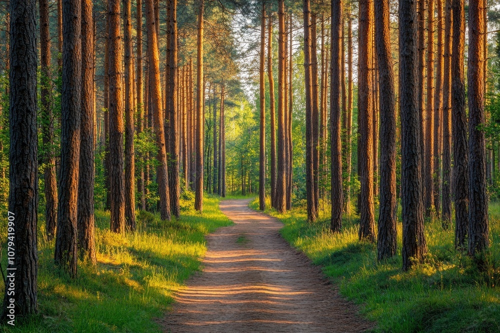 A pathway winds through a dense forest, sunlight filtering through the trees. This image can be used for travel blogs, nature documentaries, or websites about outdoor recreation. A pathway winds through a dense forest, sunlight filtering through the trees. This image can be used for travel blogs, nature documentaries, or websites about outdoor recreation.