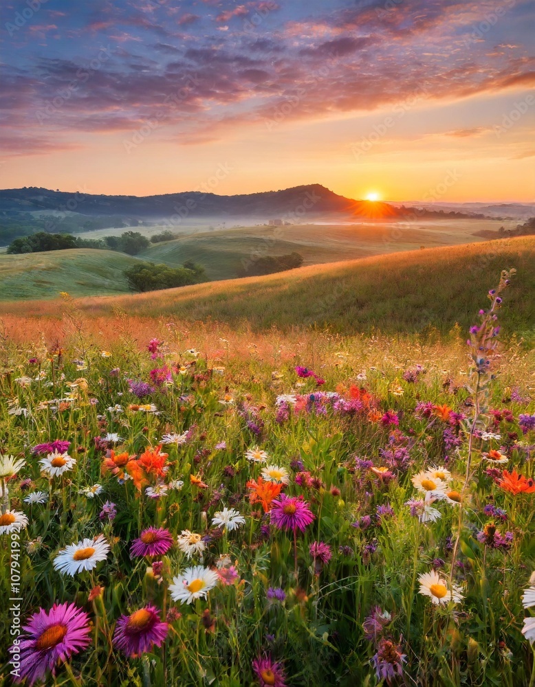 Obraz premium Vibrant Fields of Colorful Wildflowers Stretching Across a Rolling Meadow, Framed by Distant Hills and a Golden Sunrise in the Horizon, Captured for a Scenic Nature Landscape
