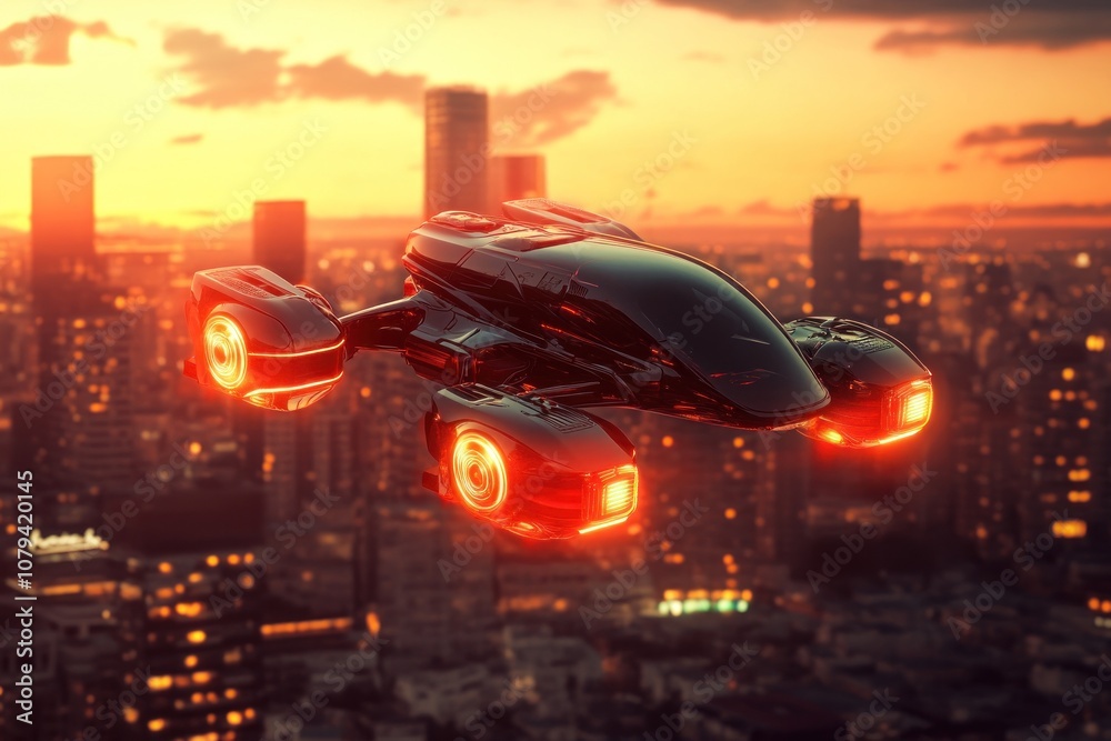 Futuristic Flying Car Over Cityscape Futuristic Flying Car Over Cityscape