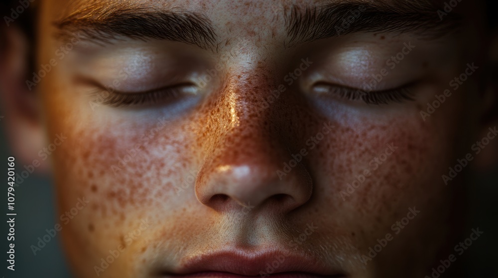 Close-up of a relaxed face with eyes gently shut, exuding calm and focus, soft natural lighting highlighting the peaceful expression, set against a neutral background, creating a serene, meditative Close-up of a relaxed face with eyes gently shut, exuding calm and focus, soft natural lighting highlighting the peaceful expression, set against a neutral background, creating a serene, meditative
