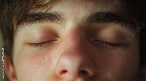 Close-up of a relaxed face with eyes gently shut, exuding calm and focus, soft natural lighting highlighting the peaceful expression, set against a neutral background, creating a serene, meditative 