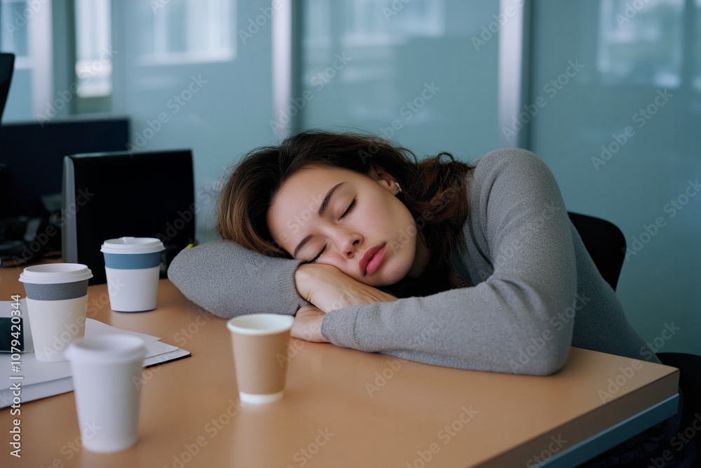 Overworked workers sleeping at desks with coffee cups and laptops. Workplace fatigue and burnout concept Overworked workers sleeping at desks with coffee cups and laptops. Workplace fatigue and burnout concept