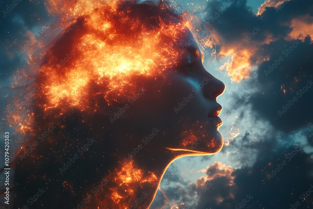Abstract Woman Burning With Flames on a Cloudy Background, Passion and Creativity Abstract Woman Burning With Flames on a Cloudy Background, Passion and Creativity