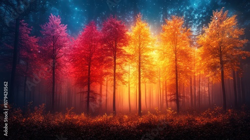 A mystical forest with vibrant autumn colors bathed in an ethereal glow.