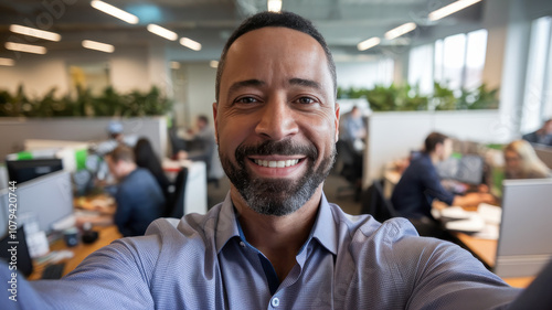 Cheerful Middle-aged Black man taking a selfie in a modern office environment, showcasing a collaborative work atmosphere.