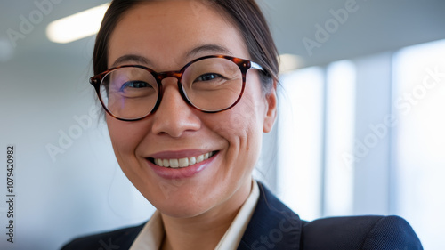 A smiling Asian businesswoman wearing glasses, showcasing confidence and professionalism in a modern office environment.