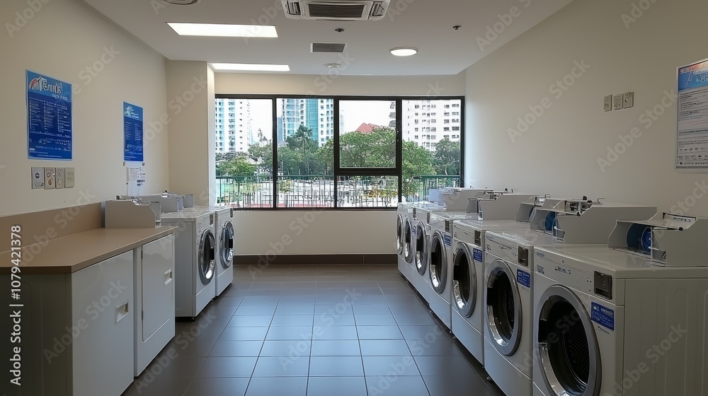 Accessible laundry area, hostel theme, mix of front/top washers, clear multilingual signs, well-lit Accessible laundry area, hostel theme, mix of front/top washers, clear multilingual signs, well-lit