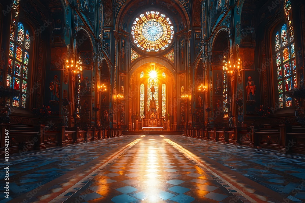 Fototapeta premium Empty church interior with stained glass window, light and wooden pews