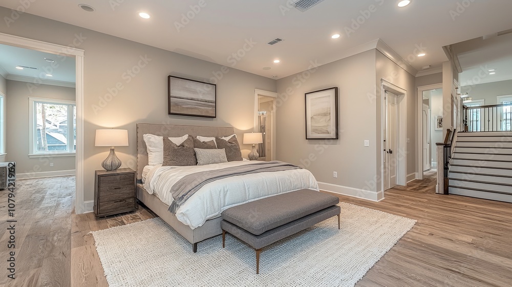 Bedroom interior with frameless mirror, adding spacious feel, leaning design