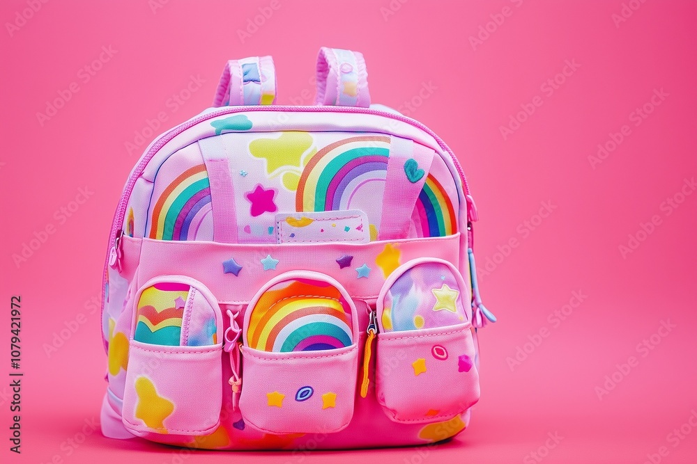 A rainbow-themed backpack with multiple pockets and straps, set against a neutral background A rainbow-themed backpack with multiple pockets and straps, set against a neutral background