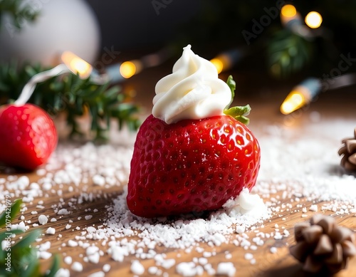 a photography of a strawberry with whipped cream on top of it.