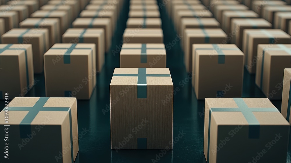 A focused arrangement of numerous cardboard boxes, each secured with teal tape, creating a minimalistic and organized scene. A focused arrangement of numerous cardboard boxes, each secured with teal tape, creating a minimalistic and organized scene.